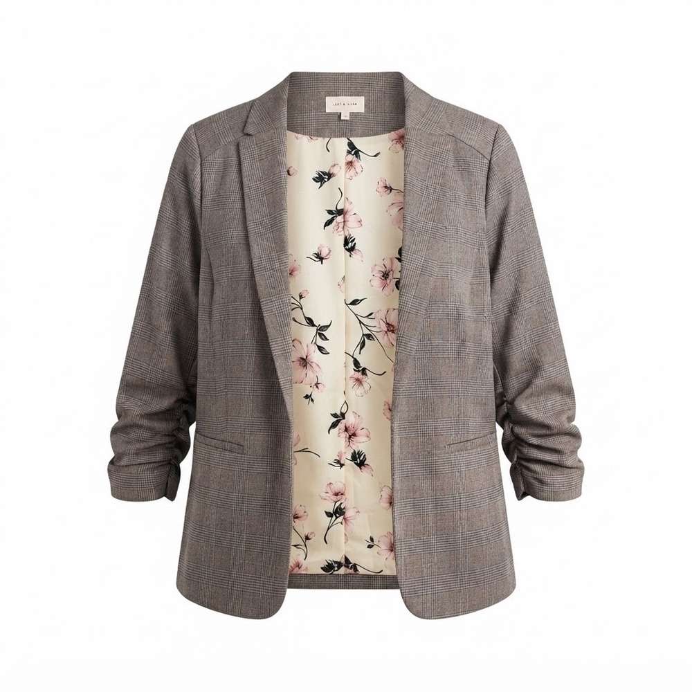 Skies Are Blue Ruched Sleeve Blazer Women XL Brown Glen Plaid Floral Lining